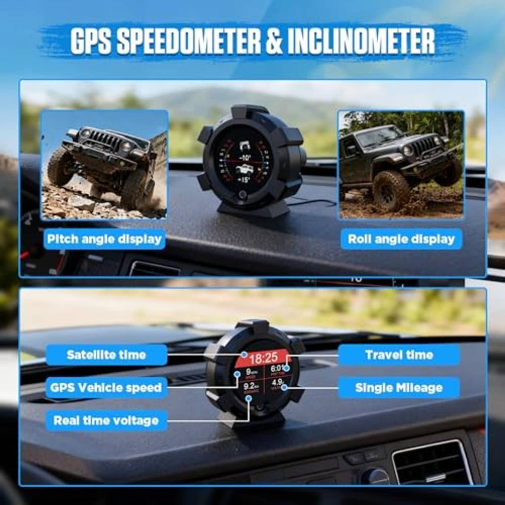 GPS speedometer and inclinometer HUD device with circular dial showing -10° and +15°