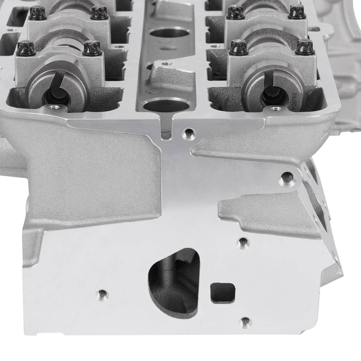 Metal cylinder head with valve cover openings and bolt studs
