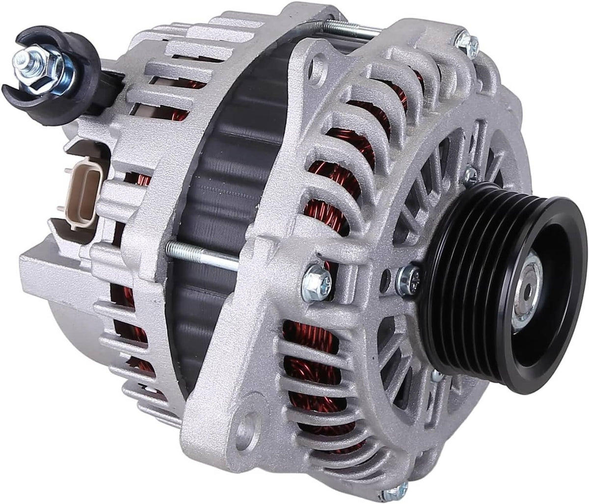 Automotive alternator with black pulley, silver vented housing, and red coil windings
