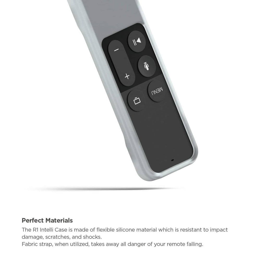 Light blue silicone remote case, angled close-up of button panel and menu.