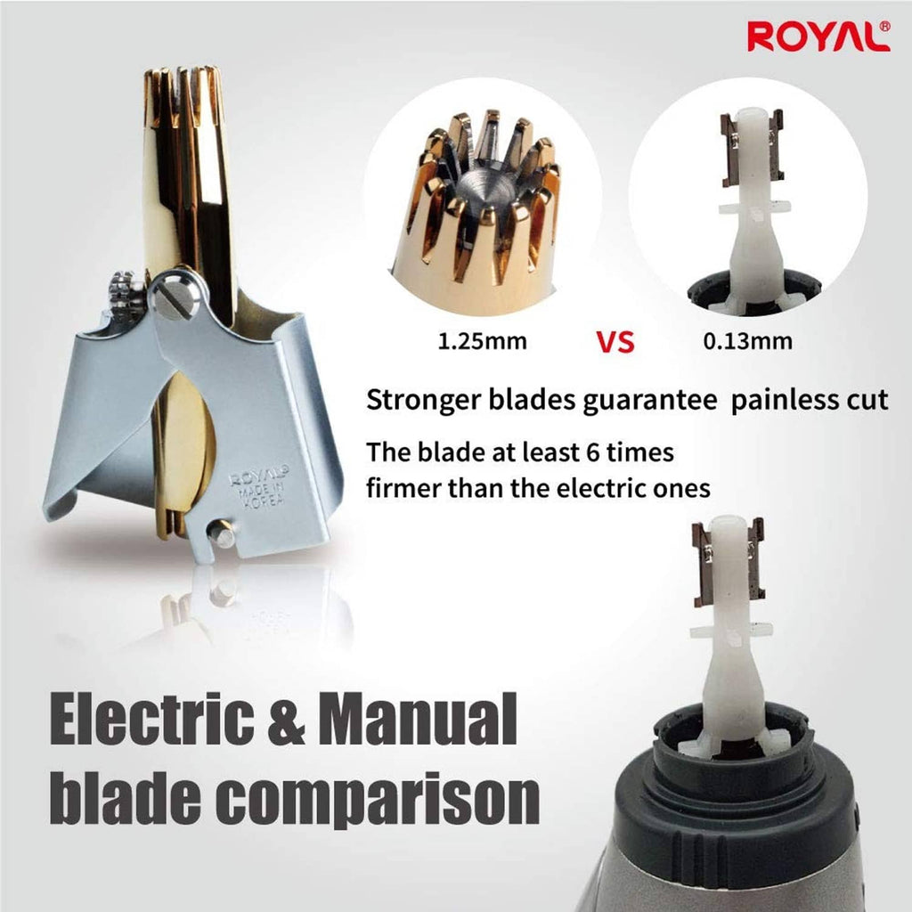 Gold-and-silver nose hair trimmer with blade attachment, electric/manual style