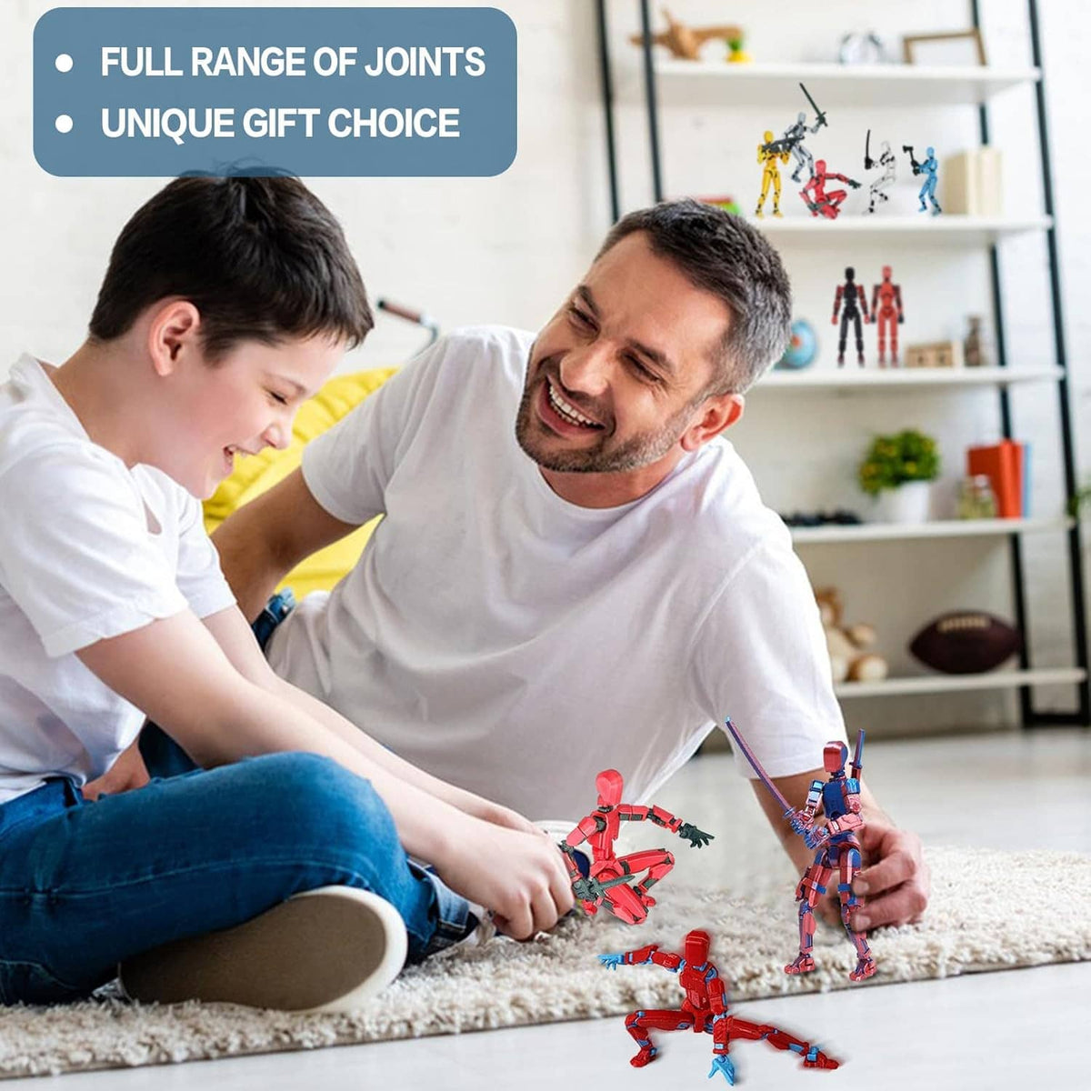 Father and child playing with small poseable action figures