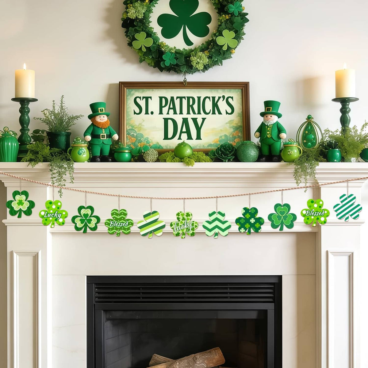 St. Patrick’s Day garland with green shamrock wooden ornaments on a cord