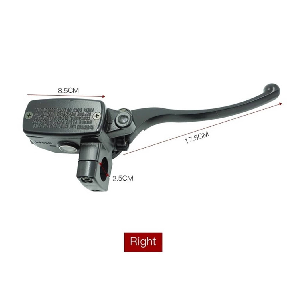 Hydraulic brake master cylinder lever with black reservoir and lever, dimensioned view