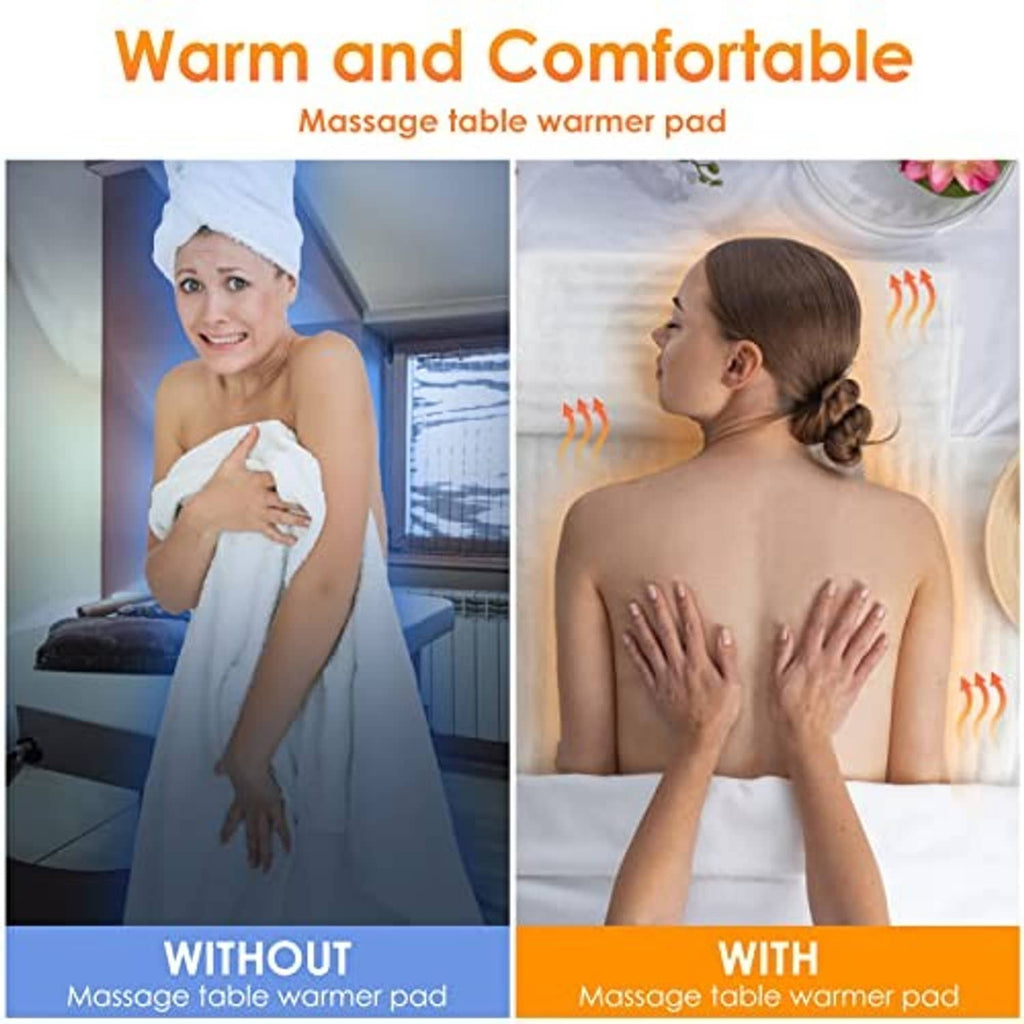 Massage table warmer pad with power controller and cord, white quilted heating pad