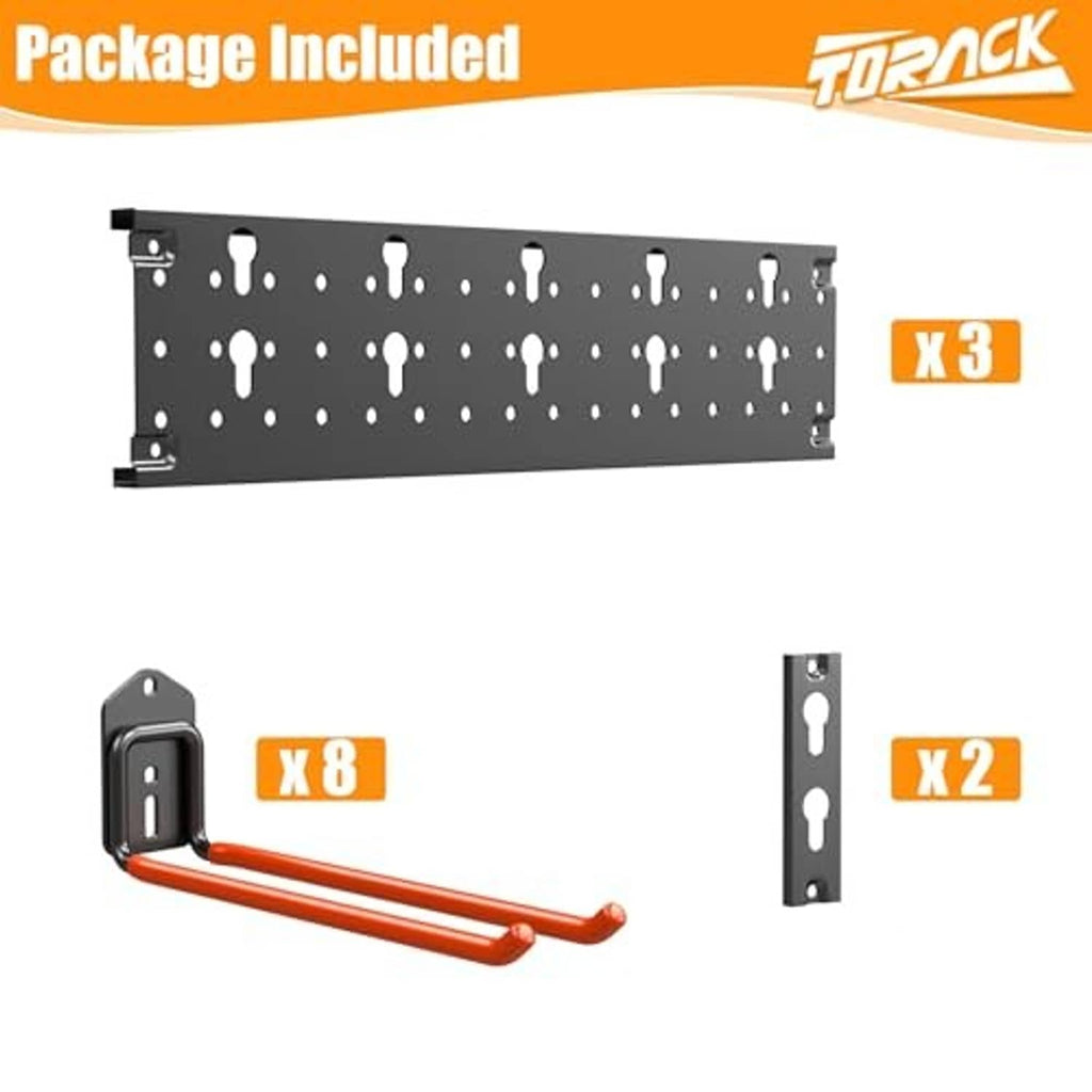 Wall-mounted tool organizer panel with orange/red double hook rail and mounting bracket pieces
