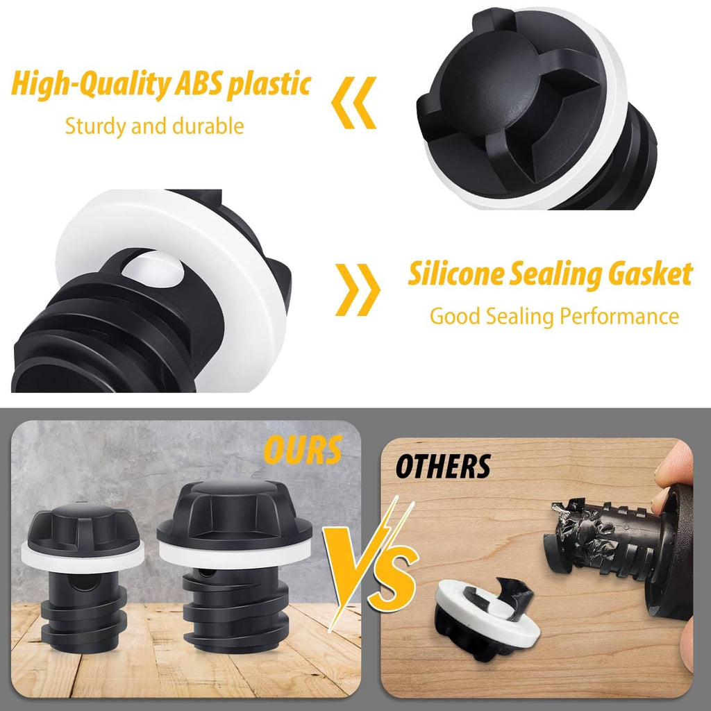 Black ABS cooler drain plug with silicone sealing gasket for leak-resistant fit