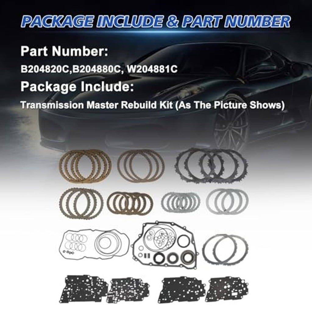 Transmission master rebuild kit parts over vehicle background: rings, gaskets, and friction plates