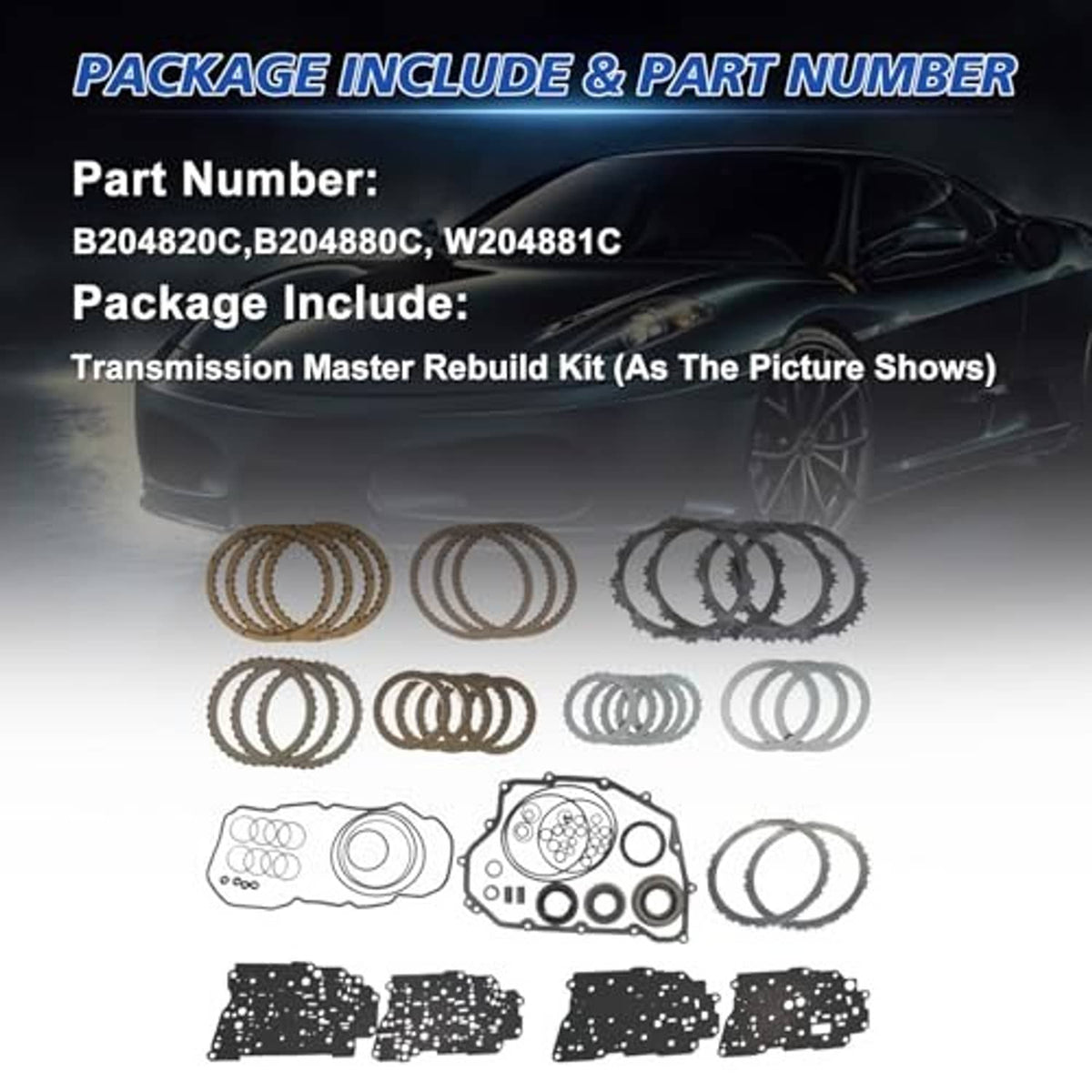 Transmission master rebuild kit parts over vehicle background: rings, gaskets, and friction plates