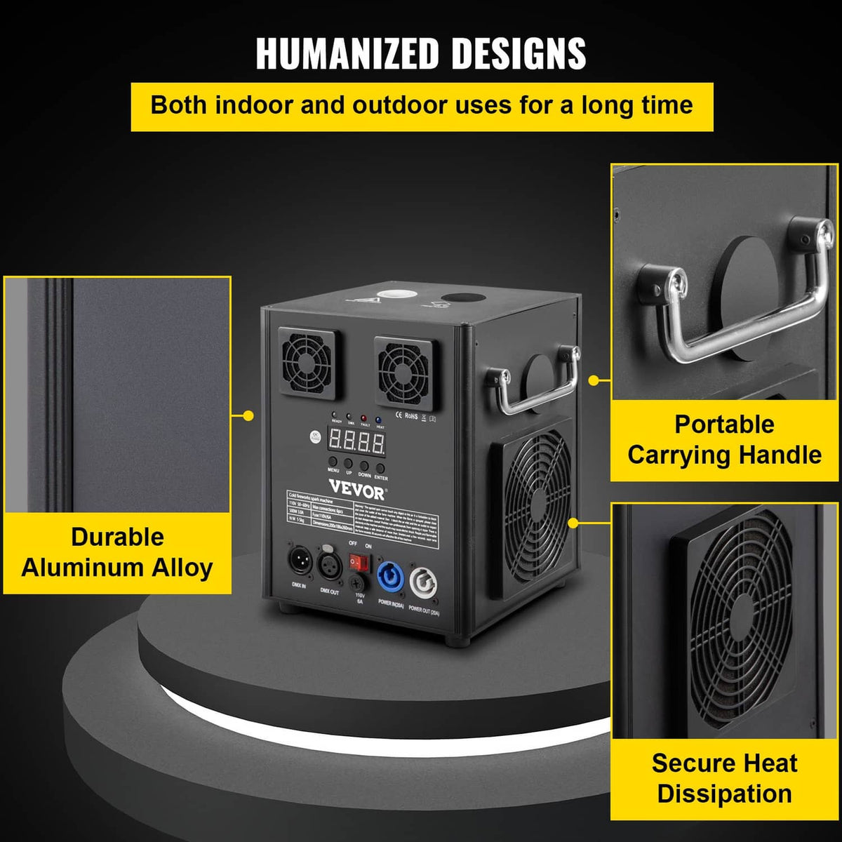 Black cold spark machine with portable carrying handle and cooling vents