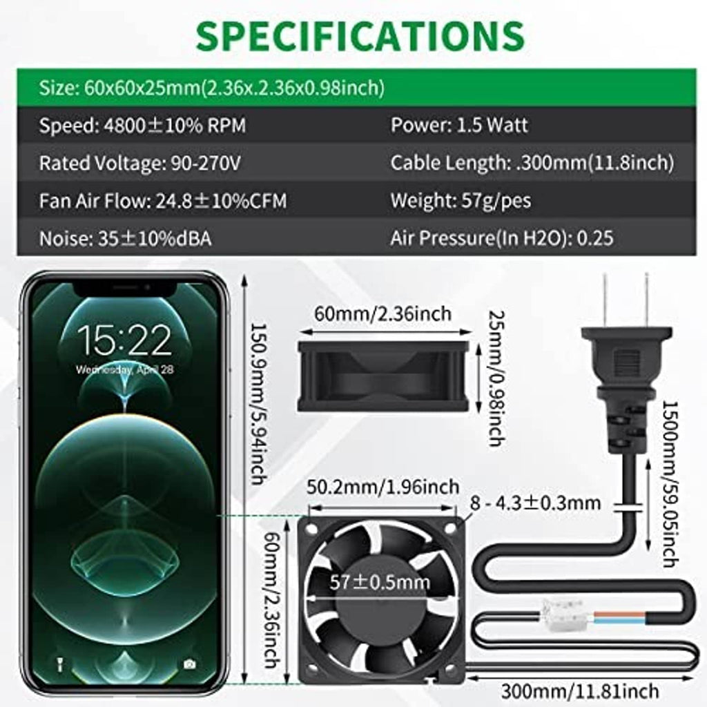 EC axial fan dimensions diagram showing 60mm size and power specifications