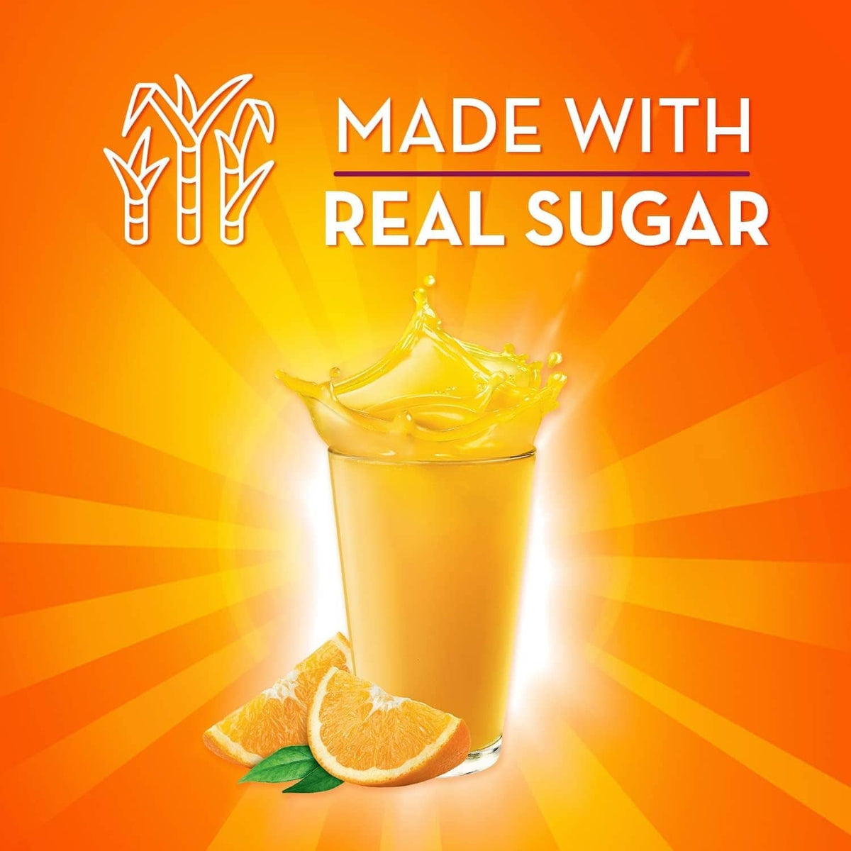 Metamucil real sugar orange fiber supplement graphic with glass of orange drink