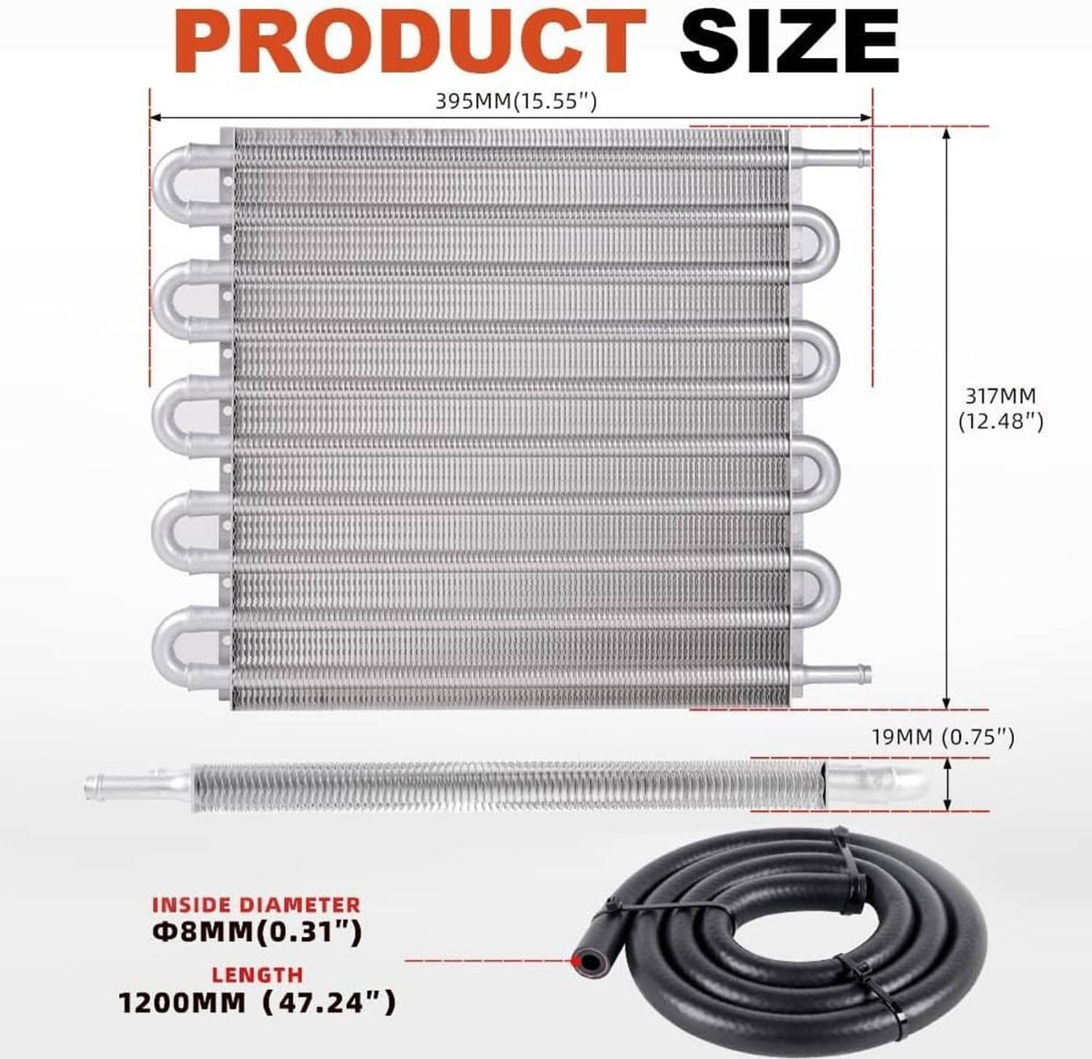 Aluminum oil cooler radiator core with coiled hose and mounting hardware, size view
