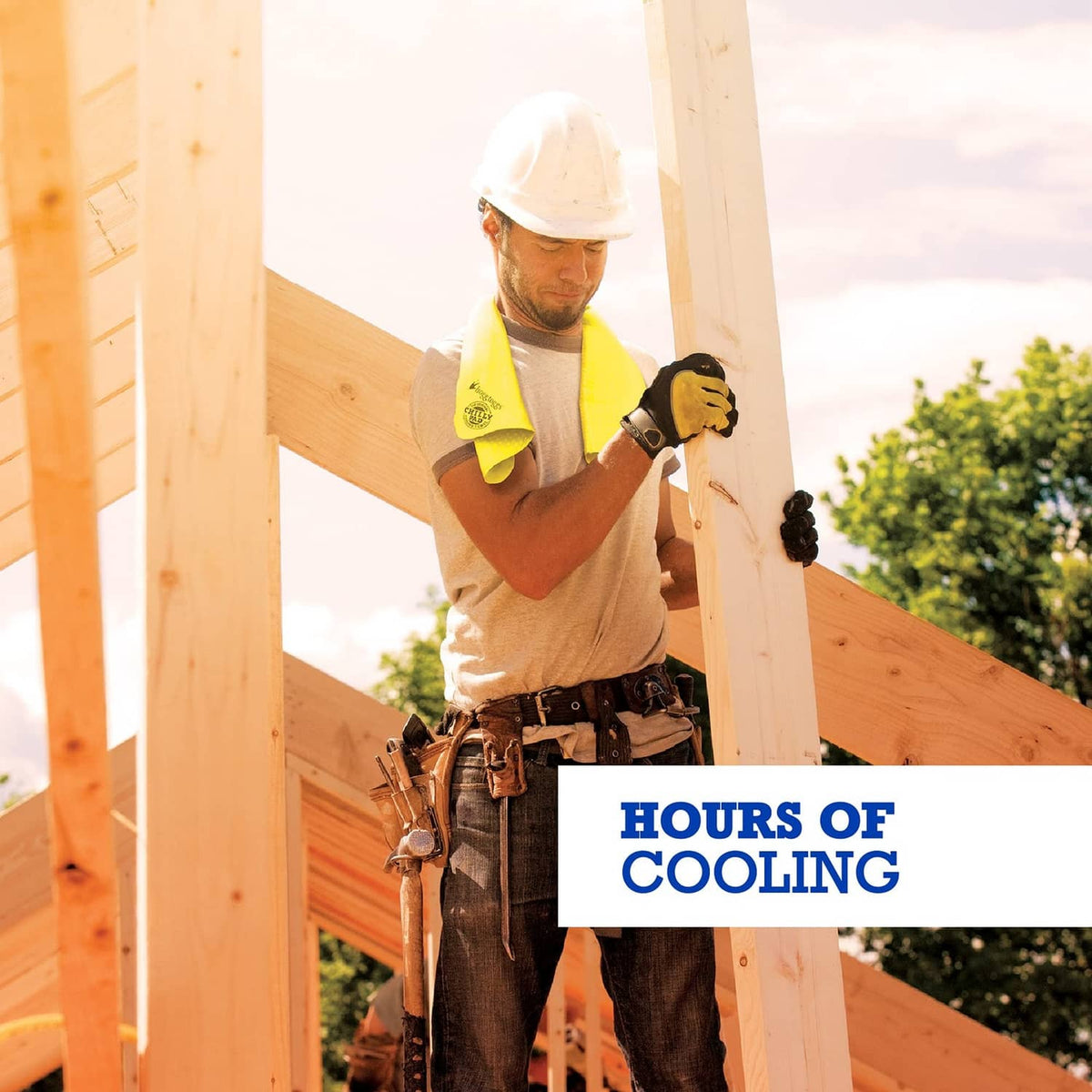 Cooling towel promoted for work, shown worn by a worker on a building site