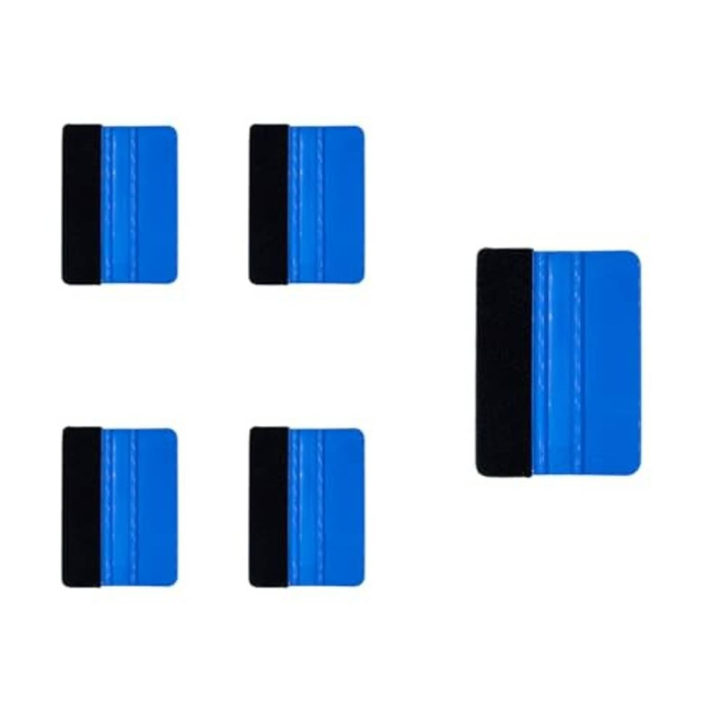 Plastic felt edge squeegee tools, blue felt strip and black backing, square scraper head
