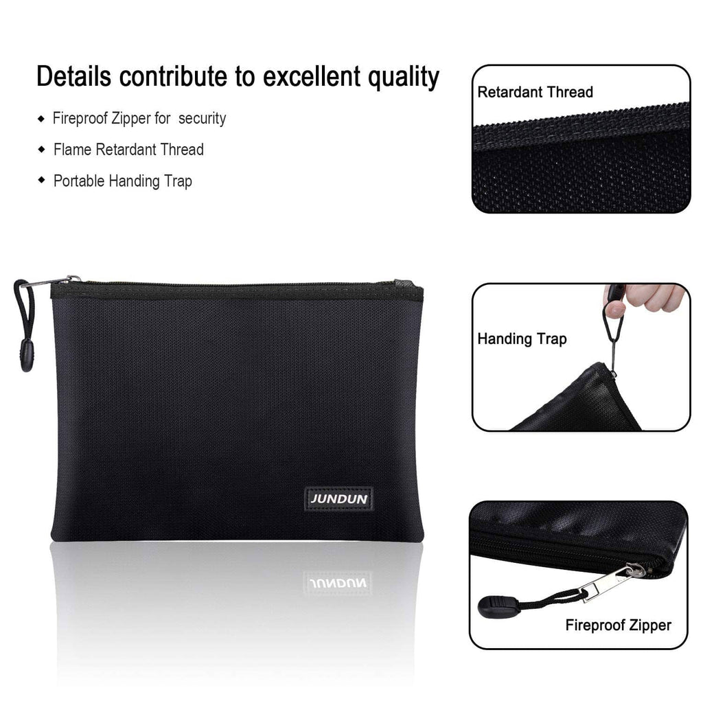 Black fireproof document bag with reinforced zipper track, JUNDUN logo, side hanging loop.