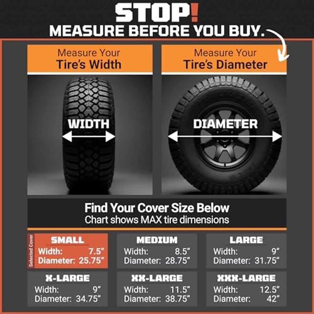 Tire cover size chart showing tire width and diameter for small and large