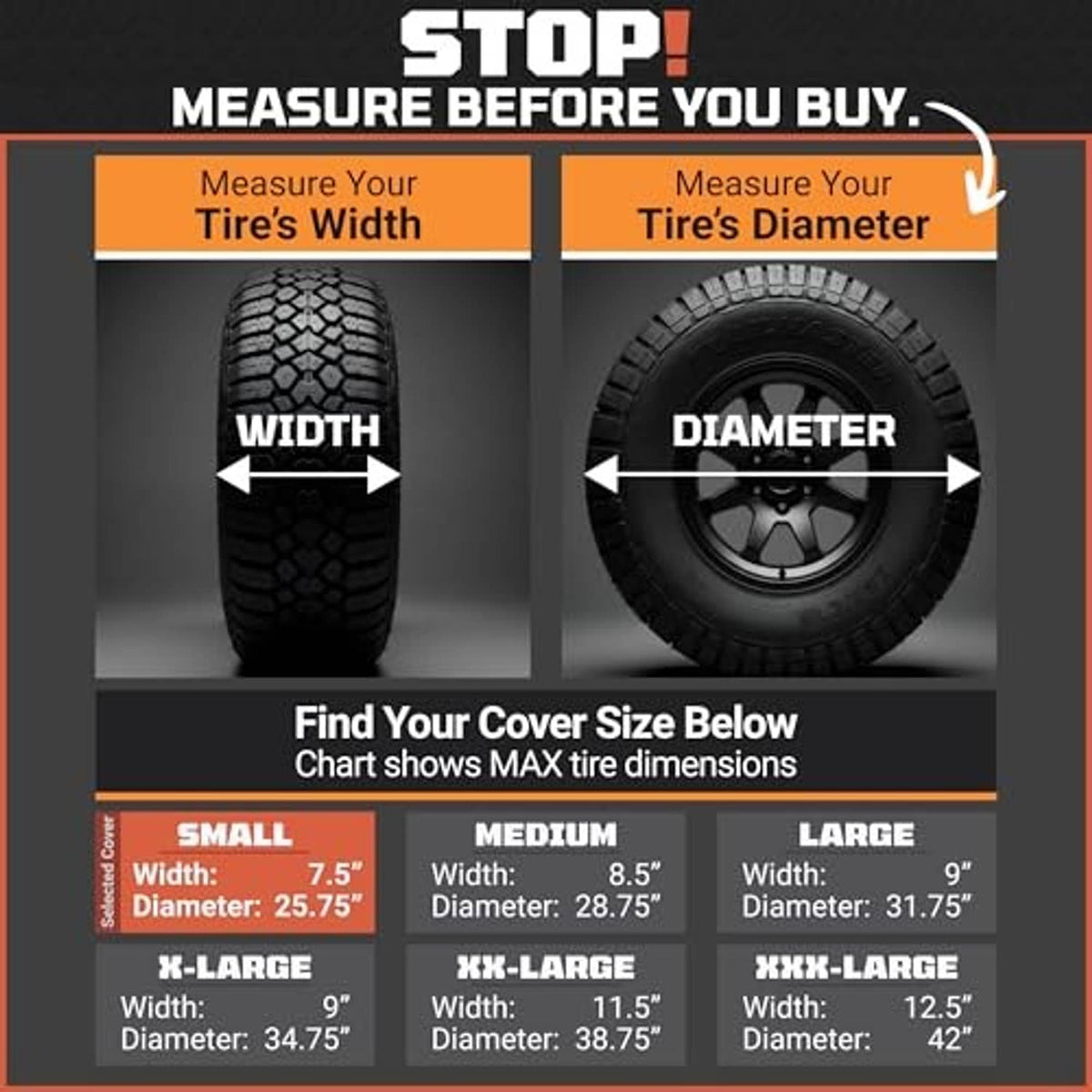 Tire cover size chart showing tire width and diameter for small and large