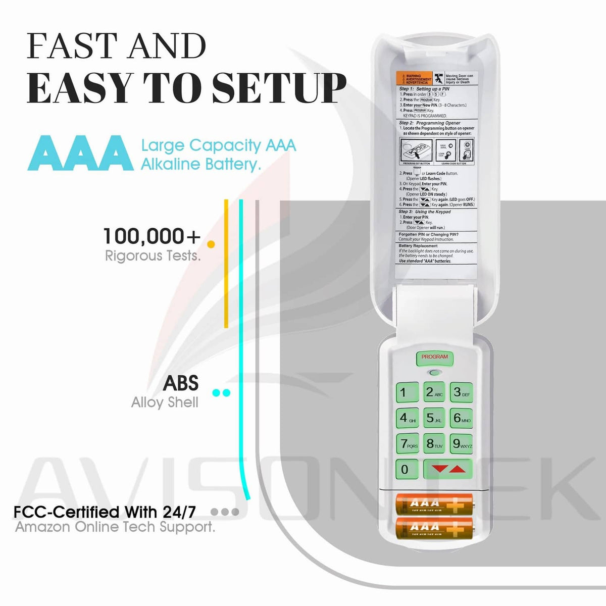 White keypad with open AAA battery compartment and 0-9 number buttons