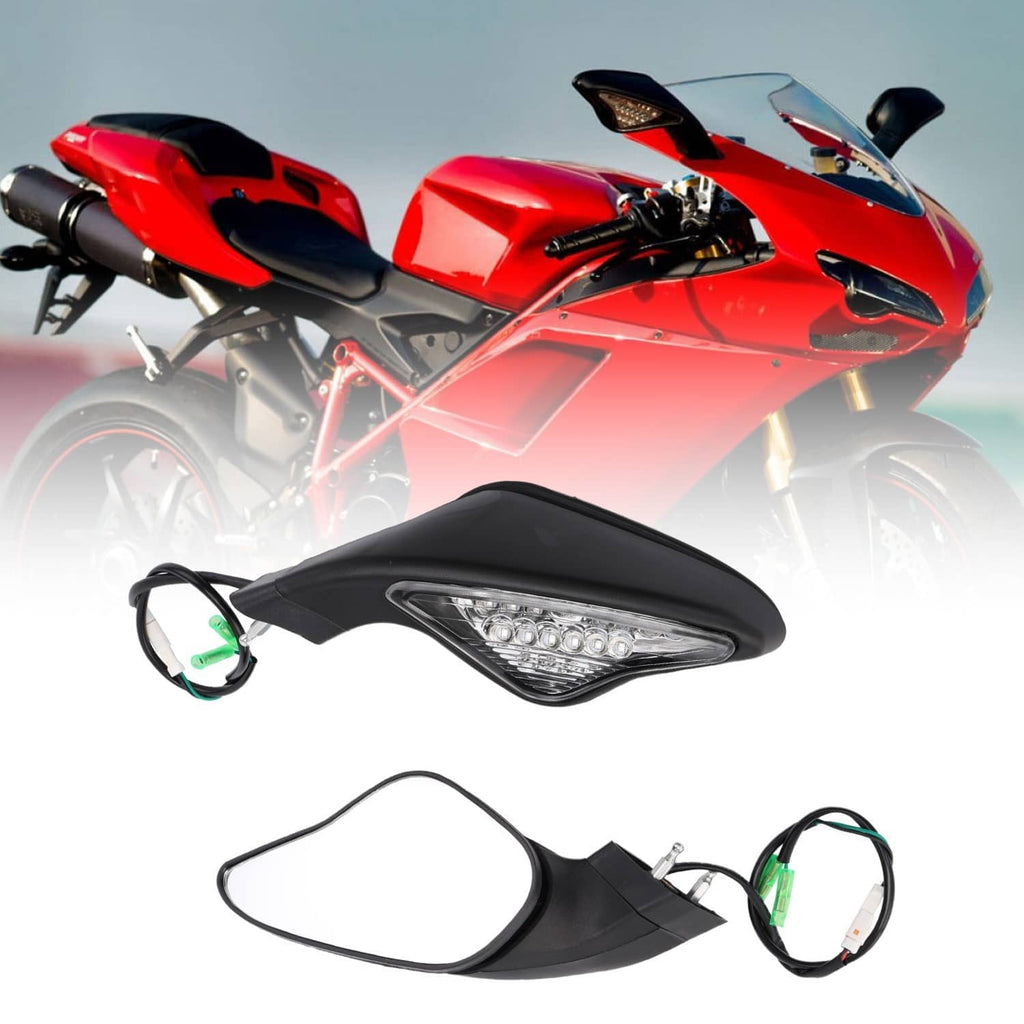 Pair black LED rearview mirrors with clear signal lights and green-capped connectors