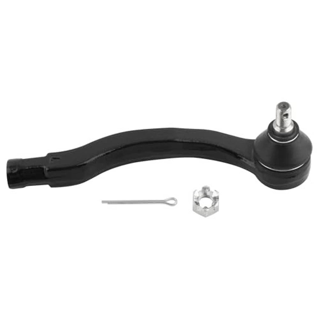 Black curved tie rod end with silver ball joint, cotter pin, and hex nut