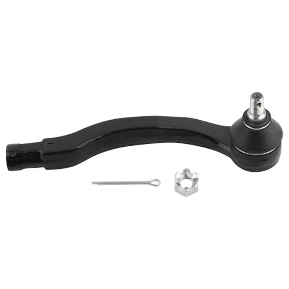 Black curved tie rod end with silver ball joint, cotter pin, and hex nut