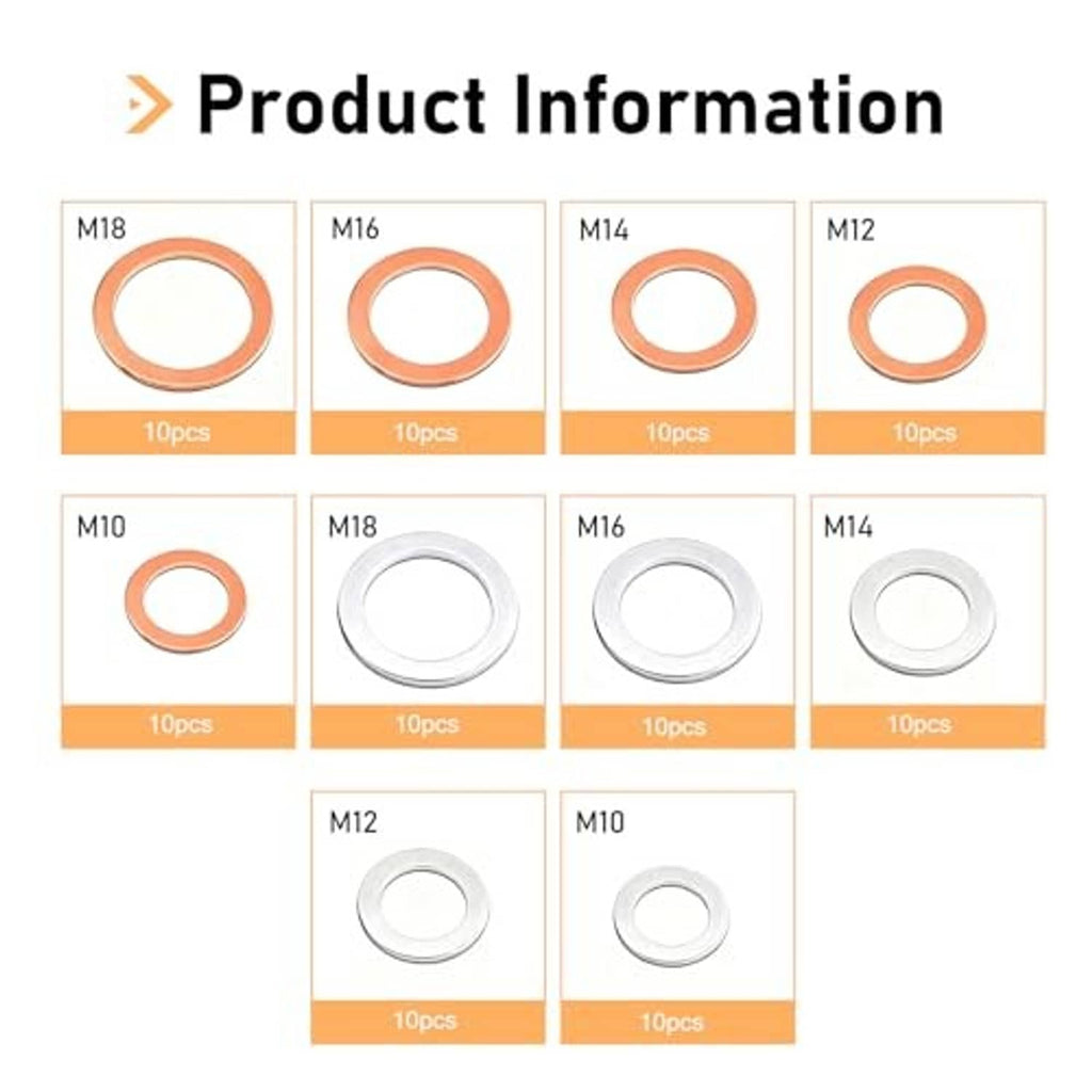 Assorted oil drain plug gasket rings in multiple sizes, shown as boxed size options