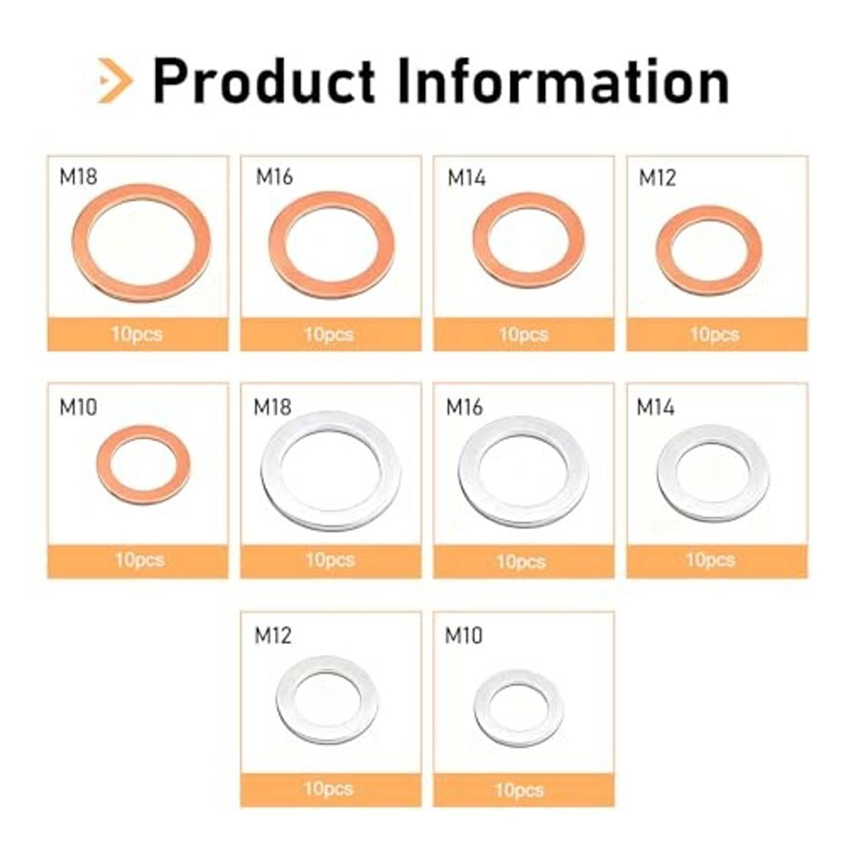 Assorted oil drain plug gasket rings in multiple sizes, shown as boxed size options