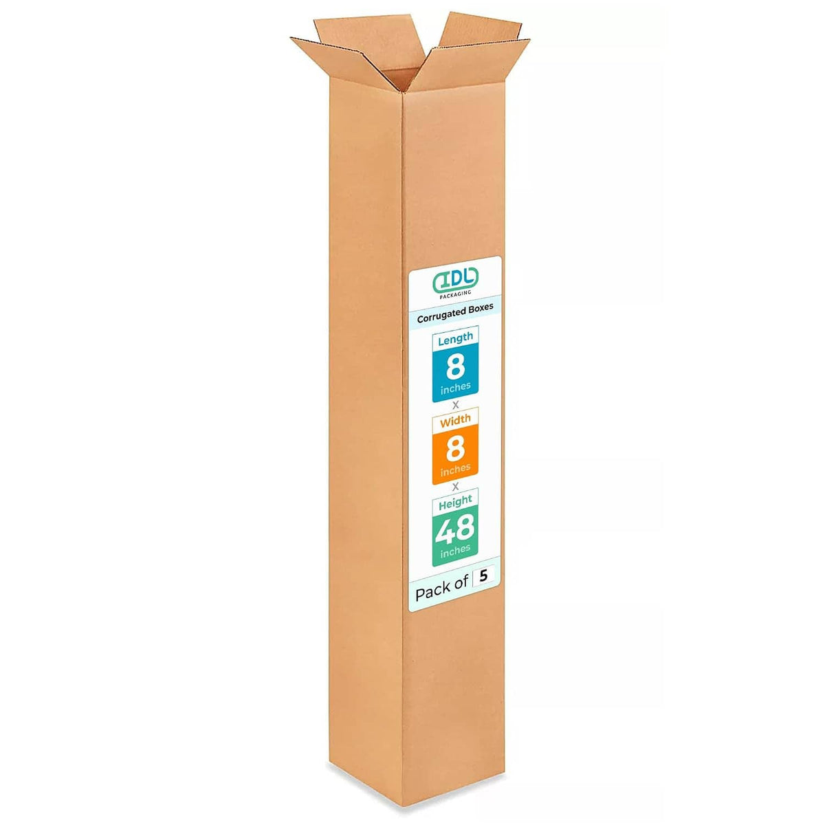Set of 5 tall corrugated shipping boxes, 8x8x48 in, open top flaps