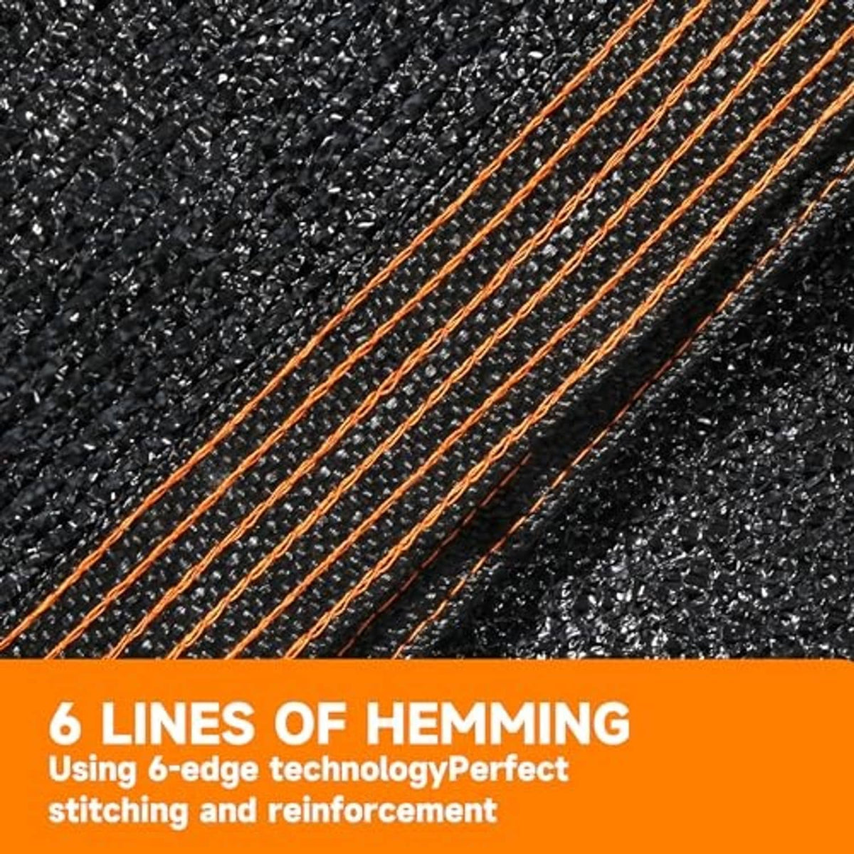 Black shade net mesh with orange seam lines and tight woven texture