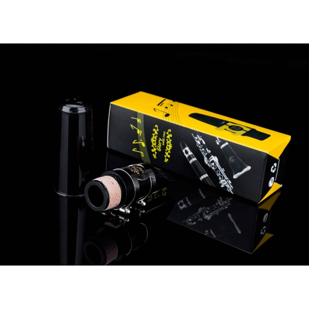 Clarinet mouthpiece kit with black mouthpiece, cork reed, silver ligature ring, and yellow box