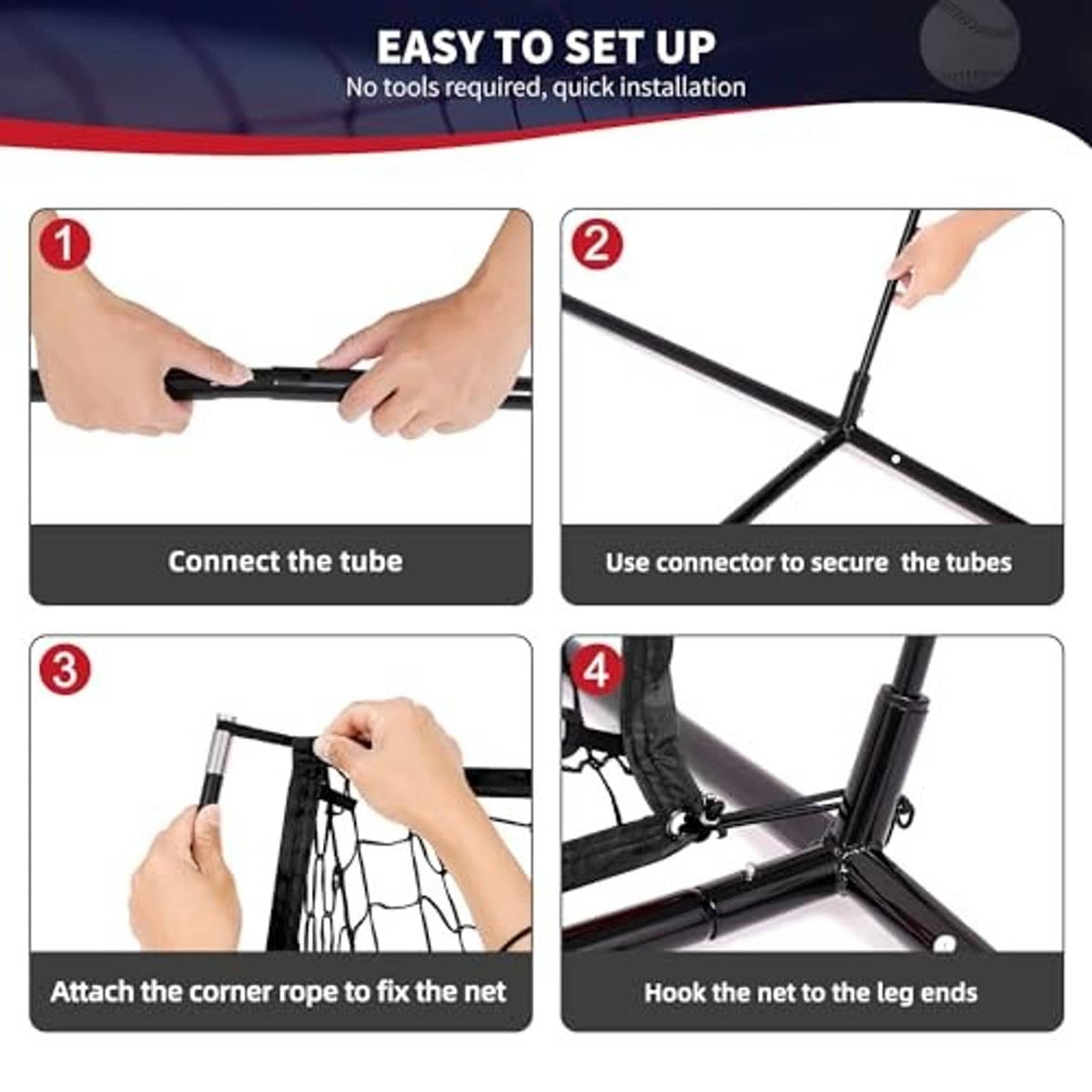 Collapsible baseball training net with connected tubes and corner rope fastening