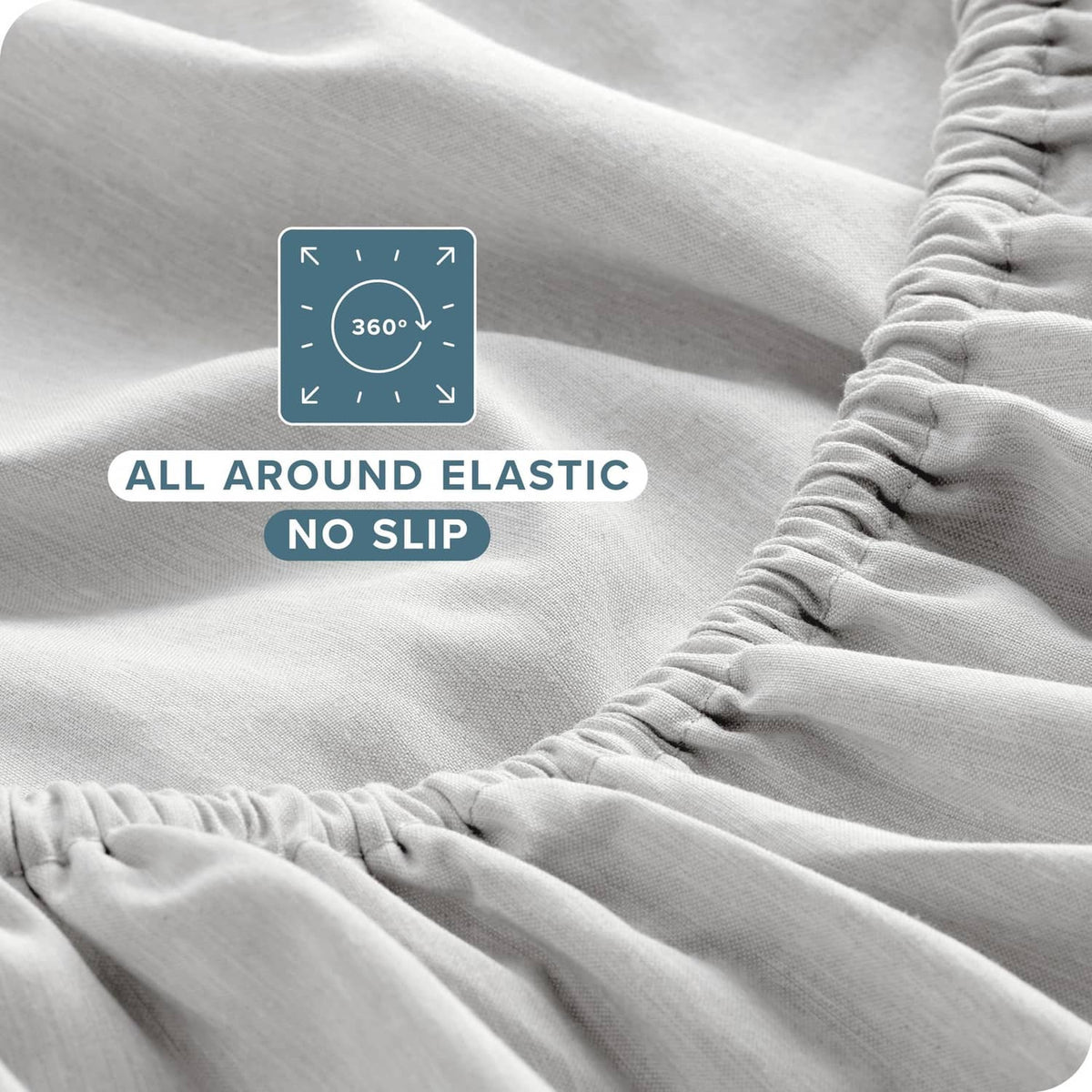 Heathered pewter fitted sheet corner with all-around elastic edge, no-slip
