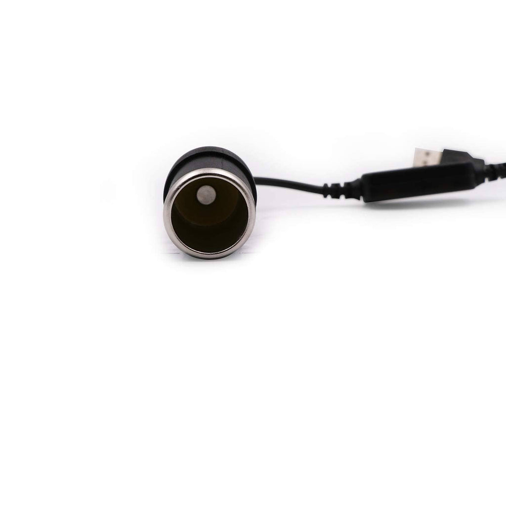 Black cigarette lighter socket adapter with USB-A plug and attached cable