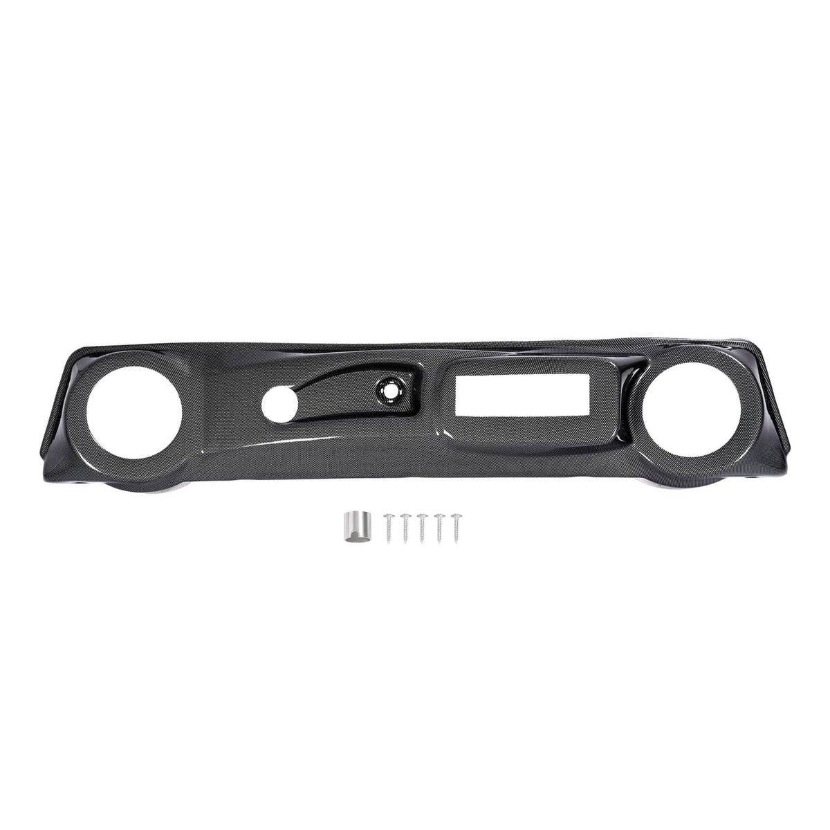Golf cart dashboard cover, carbon fiber style black with center display opening and circles