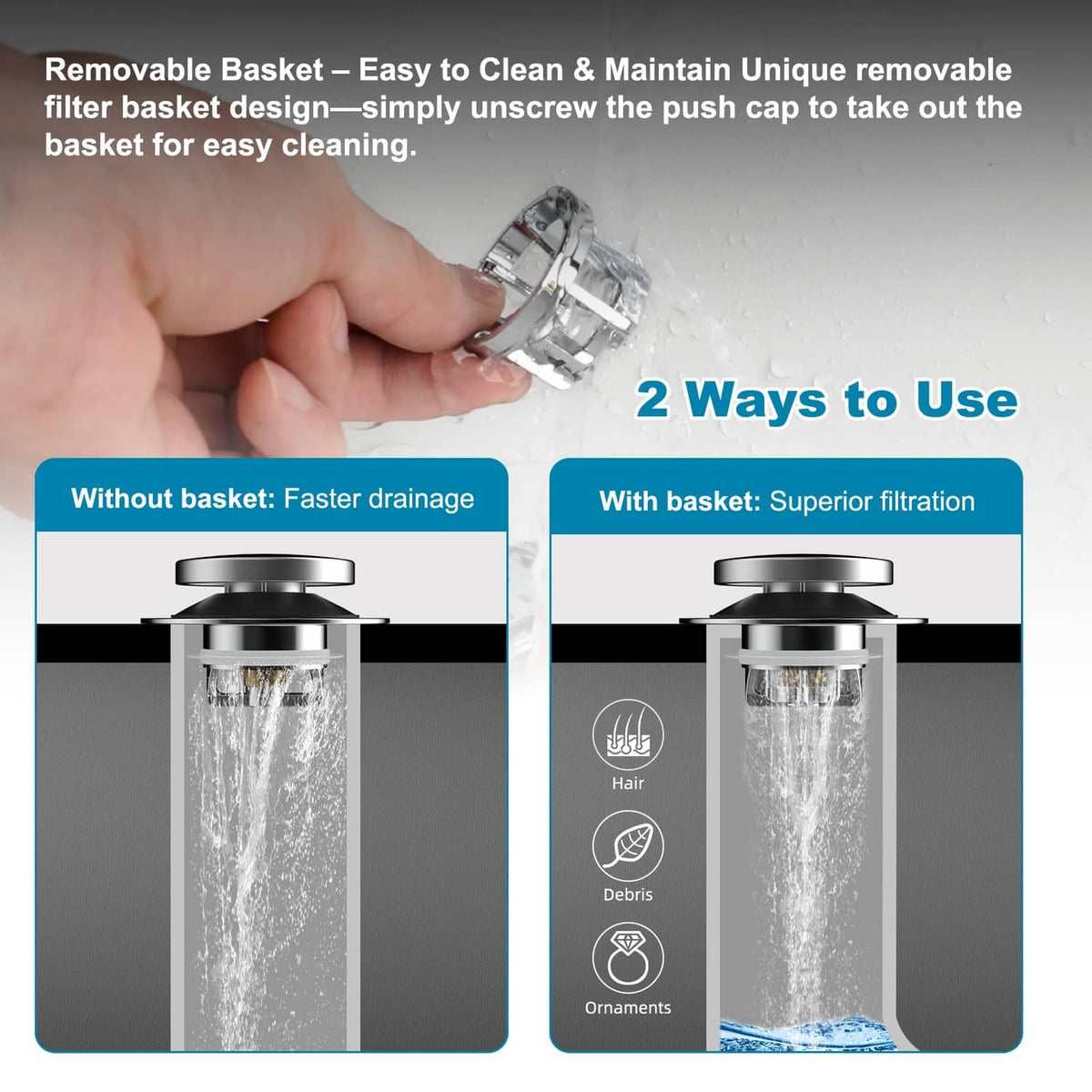 Removable silver filter basket bathtub drain stopper with black push cap, close-up