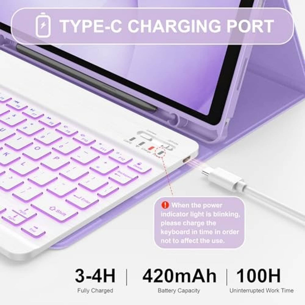 Violet tablet keyboard case featuring Type-C charging port beside backlit keys