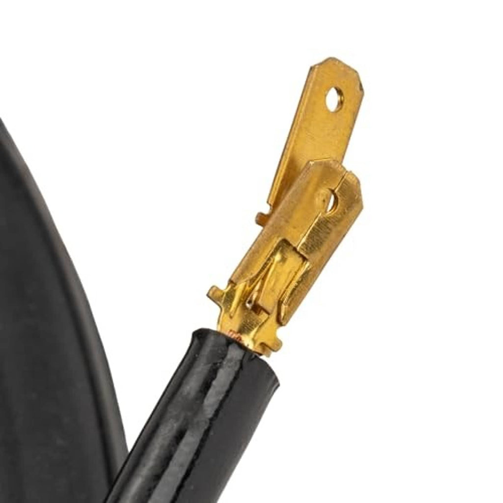 Gold spade terminal on black electrical wire harness end