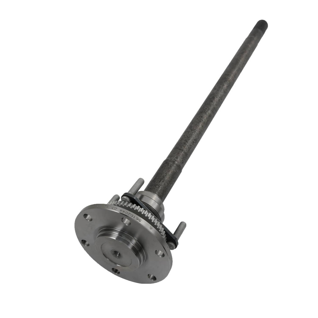 Rear axle shaft with bearing hub, close-up of flange and splined shaft end