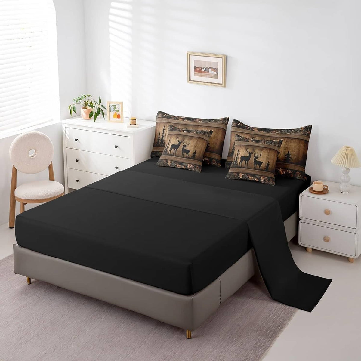 Queen camo deer comforter set with two pillow shams plus solid black fitted sheet