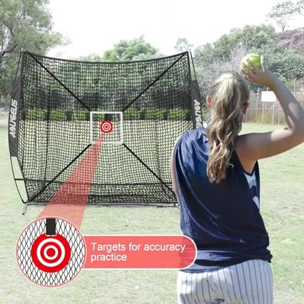 Outdoor baseball practice net with black frame, white mesh, and red target panel