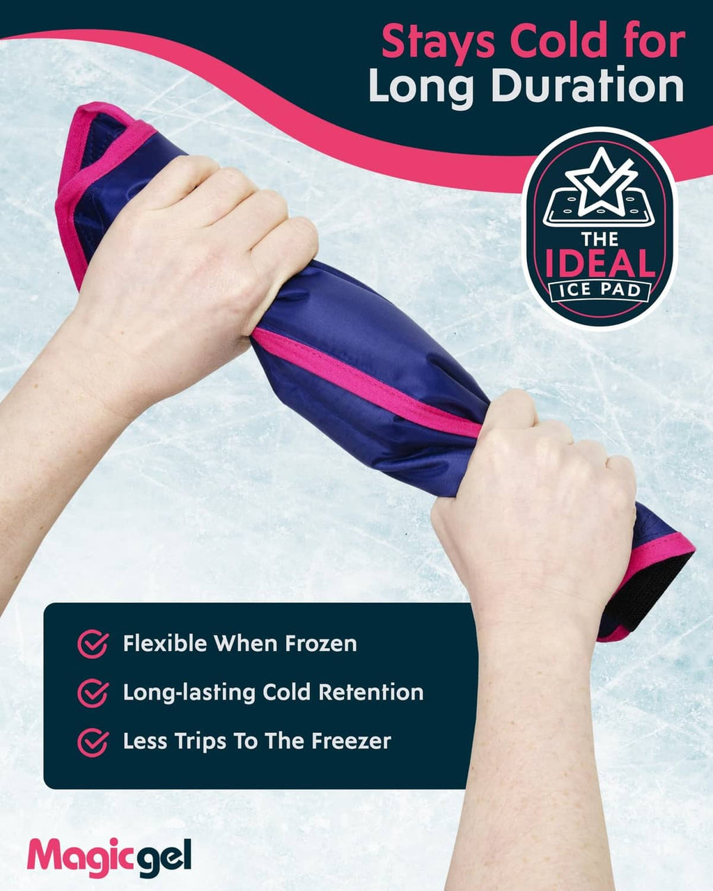 Blue reusable hip ice pad wrap with pink trim, flexing while staying cold