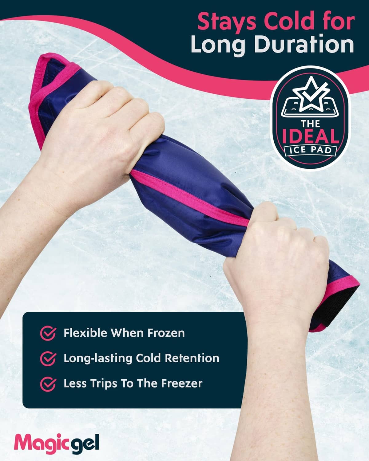 Blue reusable hip ice pad wrap with pink trim, flexing while staying cold