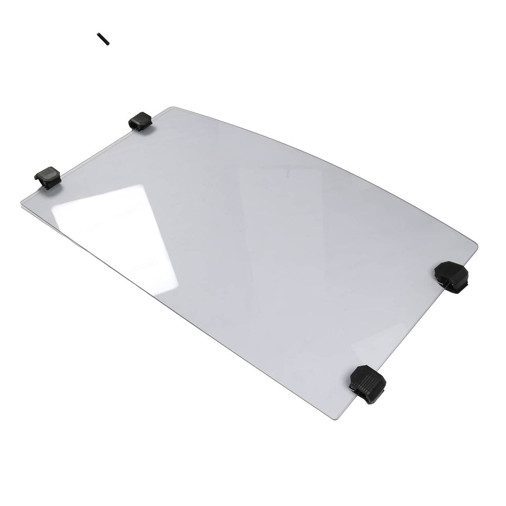 Front windshield panel with black mounting points and visible fold line, clear tinted plastic.