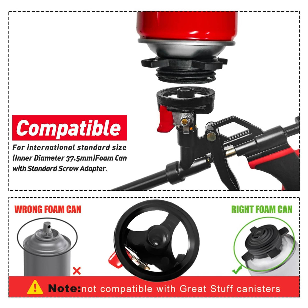 Foam spray gun can connector with red valve head and black nozzle adapter