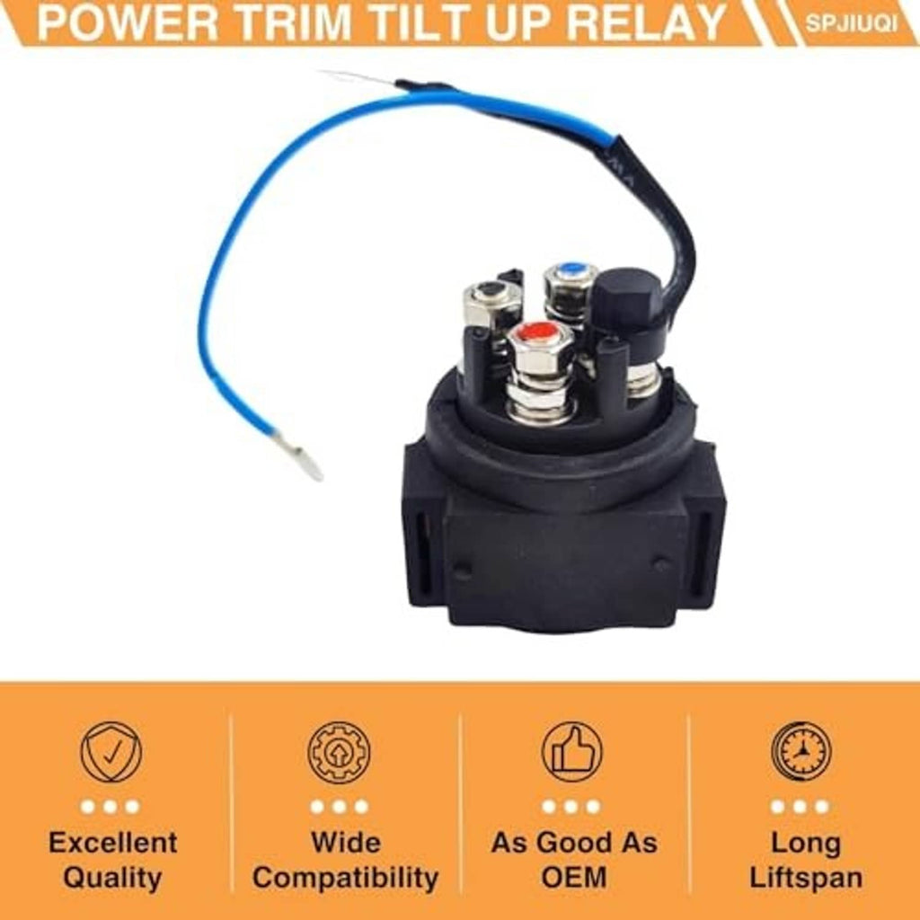 Outboard power trim tilt-up relay with blue leads, black housing, and terminal posts