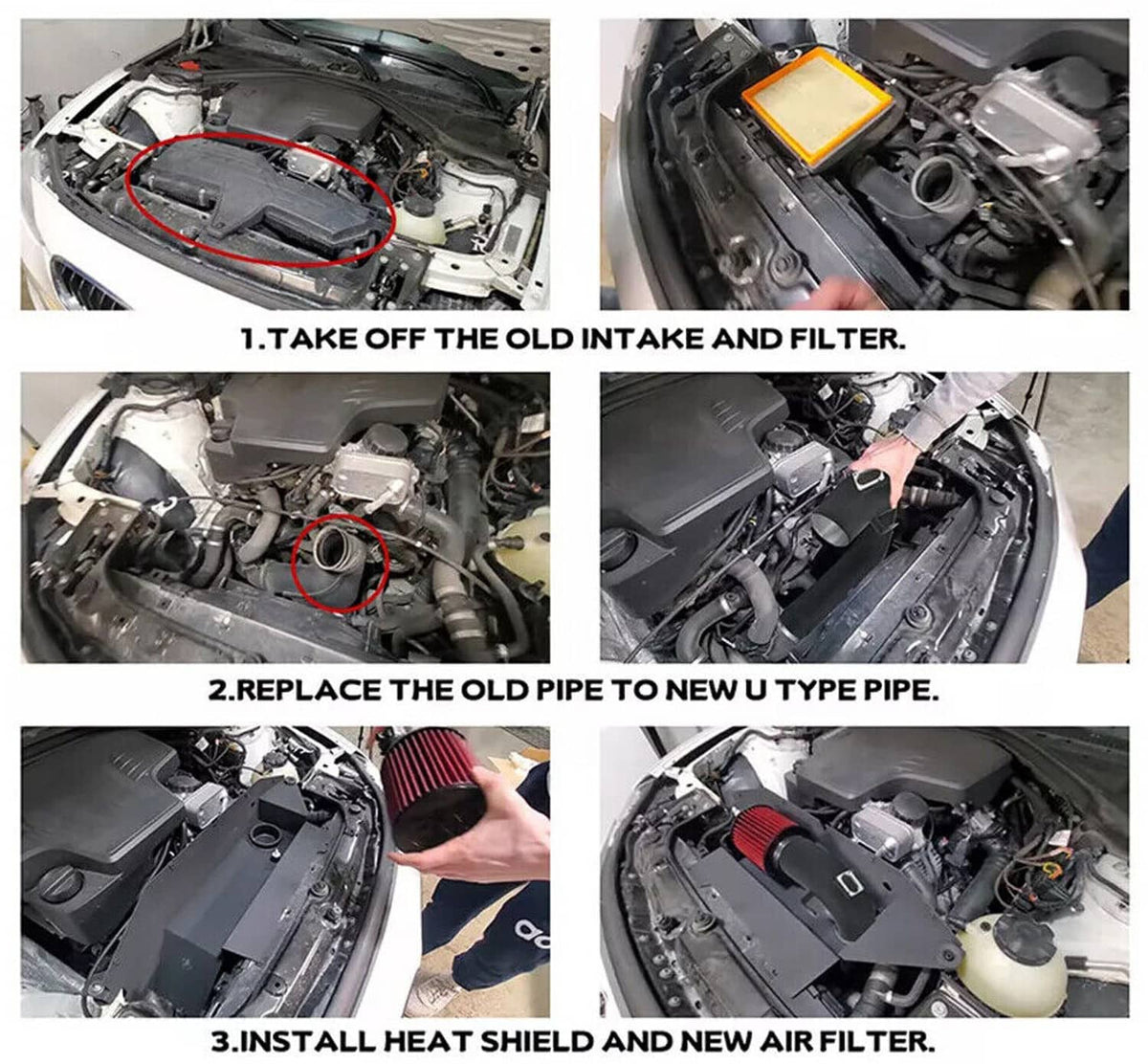 Installation guide collage showing cold air intake parts replacement in engine bay