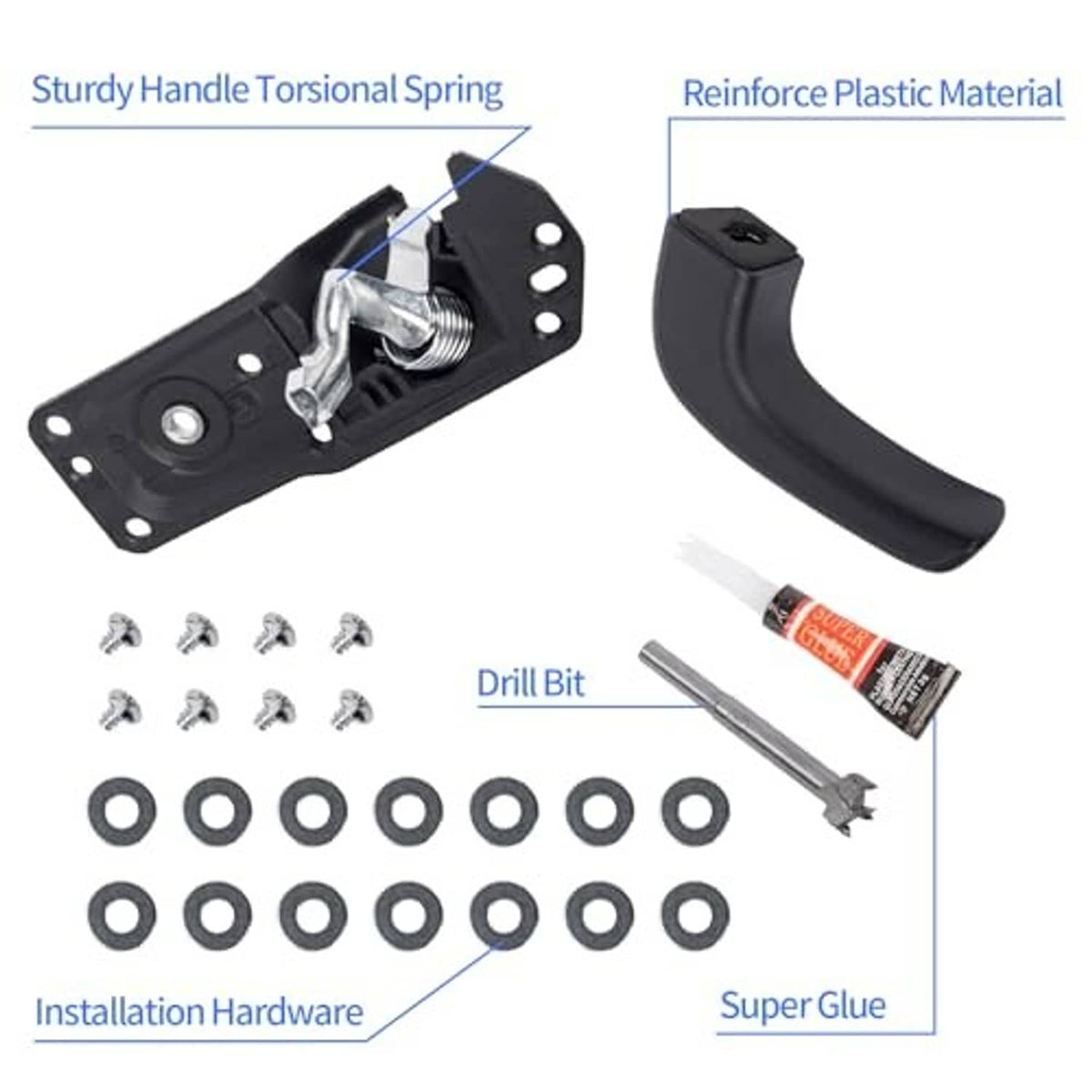 Black inside door handle with torsional spring mechanism and mounting hardware