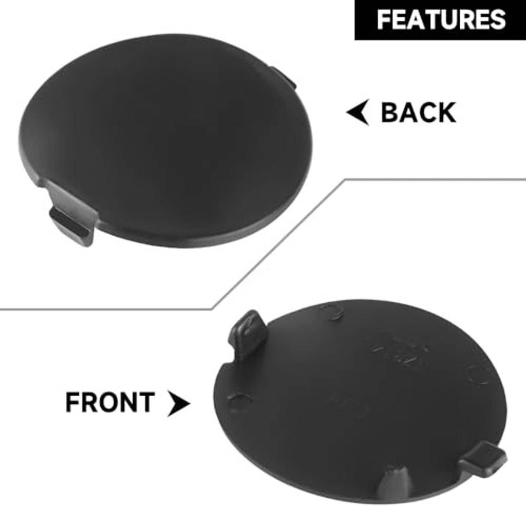 Black tow eye cover cap, front and back view with mounting clips