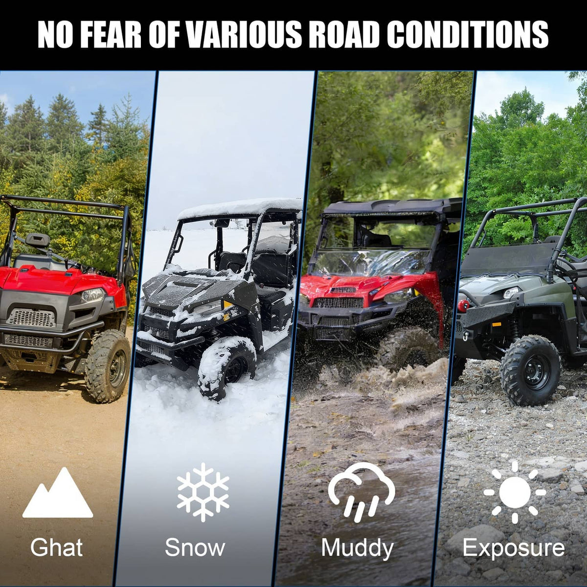 Clutch system for dusty, snowy, muddy, and wet terrain shown with condition icons